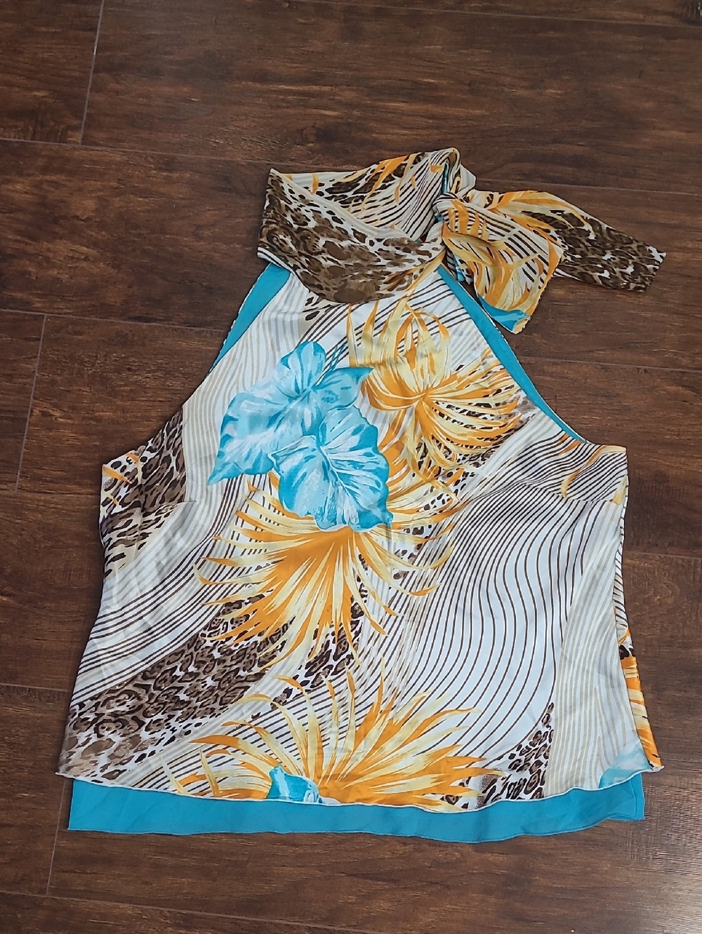 Russell Kemp Silk Blouse Double Layerd in Turquoise and Brown Print Size 12